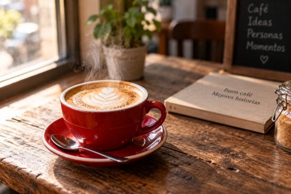 Taza de café roja con vapor y latte art generada por ChatGPT Imágenes 2.0 siguiendo parámetros técnicos de apertura y velocidad de obturación