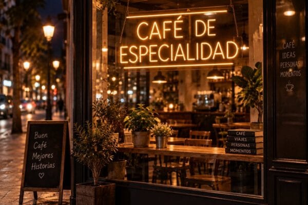 Cartel de neón generado por ChatGPT Imágenes 2.0 con el texto "Café de especialidad" perfectamente legible en un escaparate nocturno