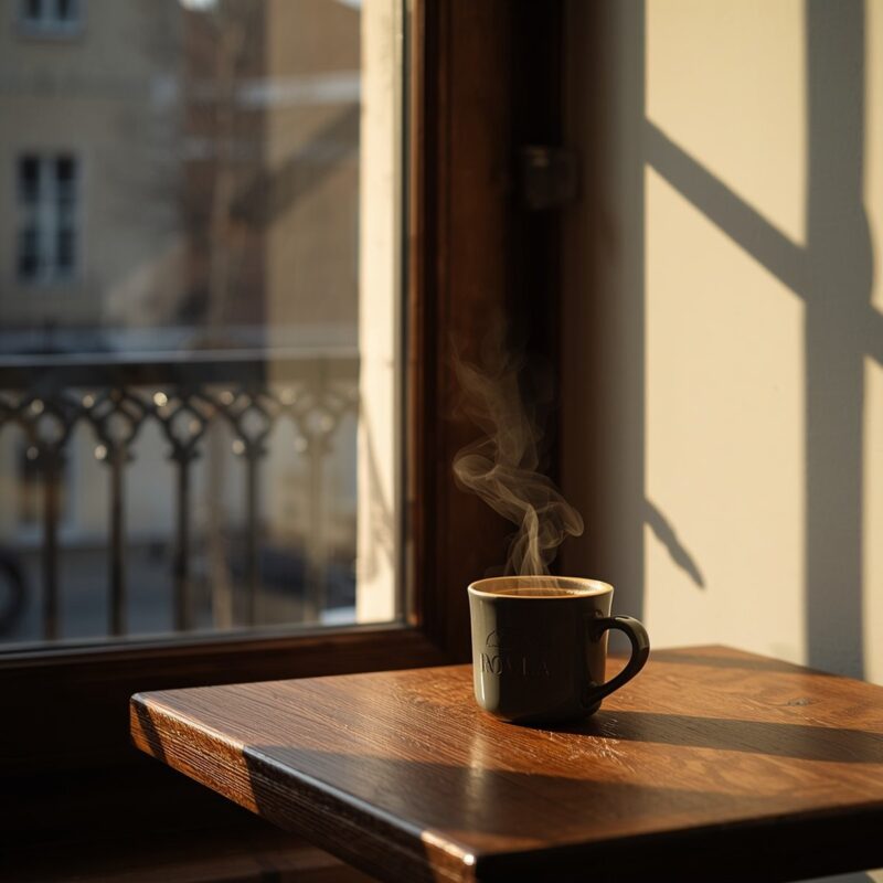 Leonardo AI: ficha técnica de fotógrafo, resultado 1 Taza de cerámica oscura de café humeante junto a una ventana con balcón de hierro forjado, generada por Leonardo AI con parámetros de fotógrafo