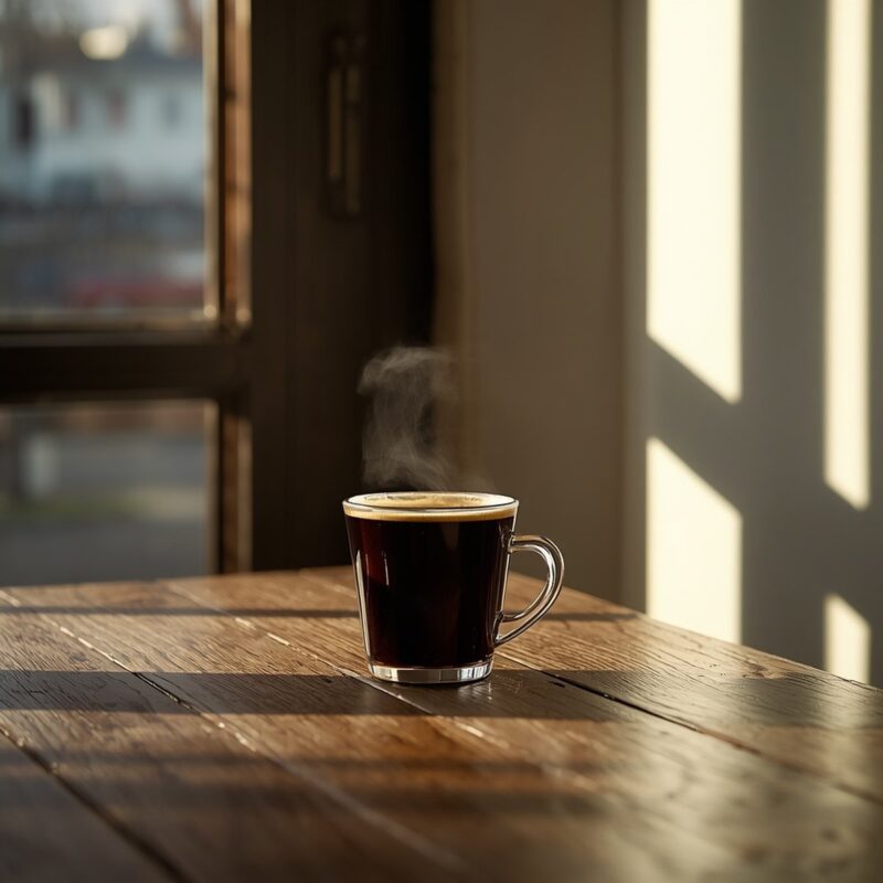 Leonardo AI: ficha técnica de fotógrafo, resultado 2 Taza de café de cristal transparente junto a una ventana, generada por Leonardo AI con parámetros de fotógrafo