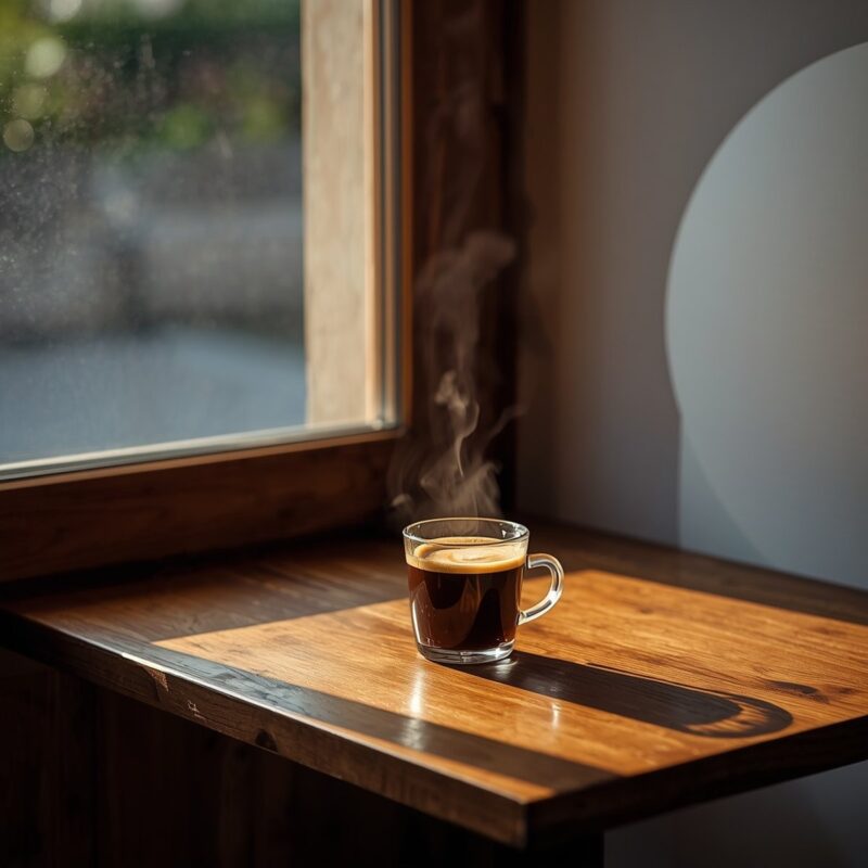 Leonardo AI: ficha técnica de fotógrafo, resultado 3 Taza de café de cristal vista en ángulo picado sobre una mesa de madera con sombra marcada, generada por Leonardo AI con parámetros de fotógrafo