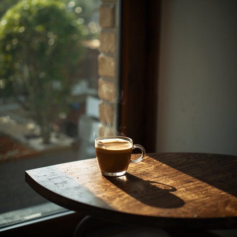 Leonardo AI: ficha técnica de fotógrafo, resultado 4 Taza de café sobre una mesa redonda con vegetación de fondo, generada por Leonardo AI con parámetros de fotógrafo