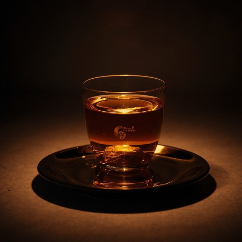 Leonardo AI: prueba de edición conversacional, resultado 2 Vaso con un líquido ámbar tipo whisky con un logotipo grabado, resultado de pedir a Leonardo AI que editara la taza de café a luz de hora dorada en el plan gratuito