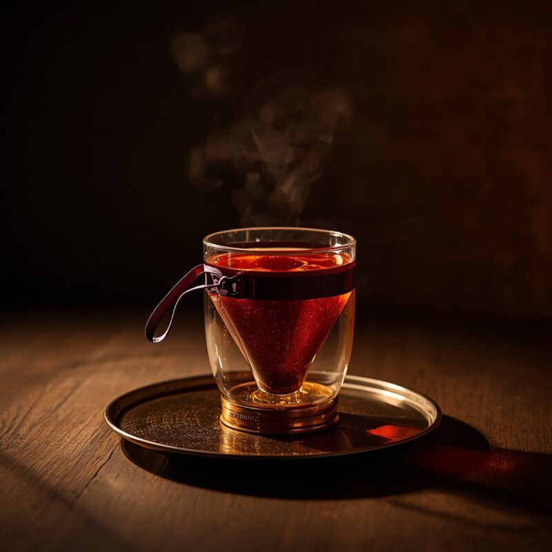 Leonardo AI: prueba de edición conversacional, resultado 3 Copa con un líquido rojo humeante y una etiqueta colgando del asa, resultado de pedir a Leonardo AI que editara la taza de café a luz de hora dorada en el plan gratuito