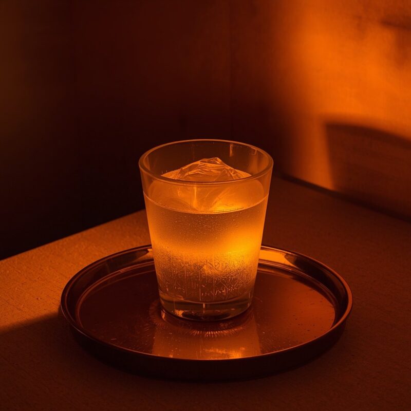 Leonardo AI: prueba de edición conversacional, resultado 4 Vaso con agua y un cubito de hielo bajo luz ambiental naranja, resultado de pedir a Leonardo AI que editara la taza de café a luz de hora dorada en el plan gratuito