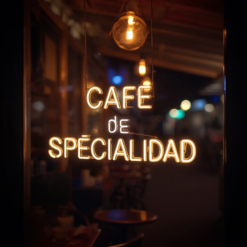 Leonardo AI: prueba de texto legible en cartel de neón Cartel de neón generado por Leonardo AI con el texto Café de Especialidad en el escaparate de una cafetería de noche