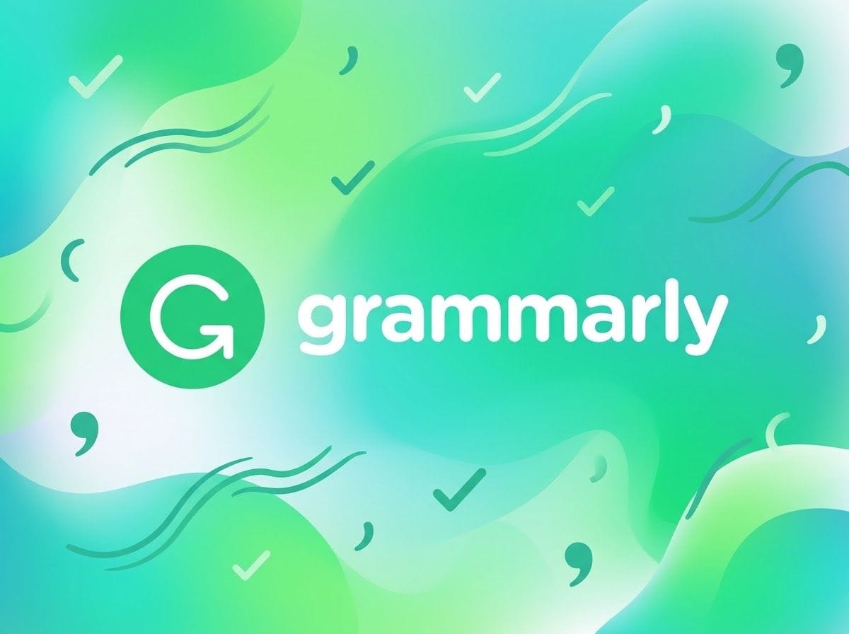 Logo de Grammarly sobre fondo verde y turquesa