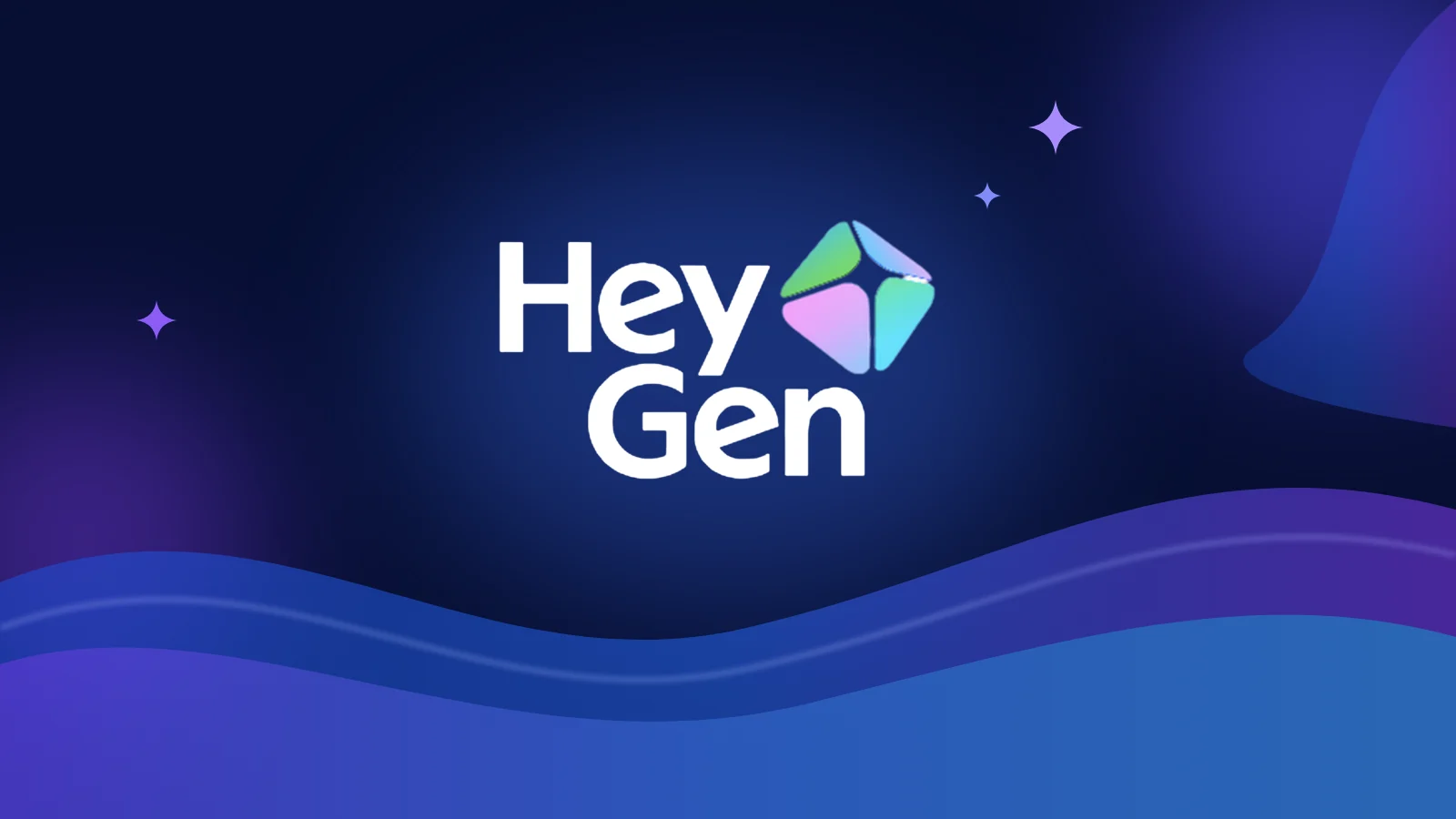Logotipo de HeyGen sobre fondo azul con ondas, reseña de Mejores IA Gratis