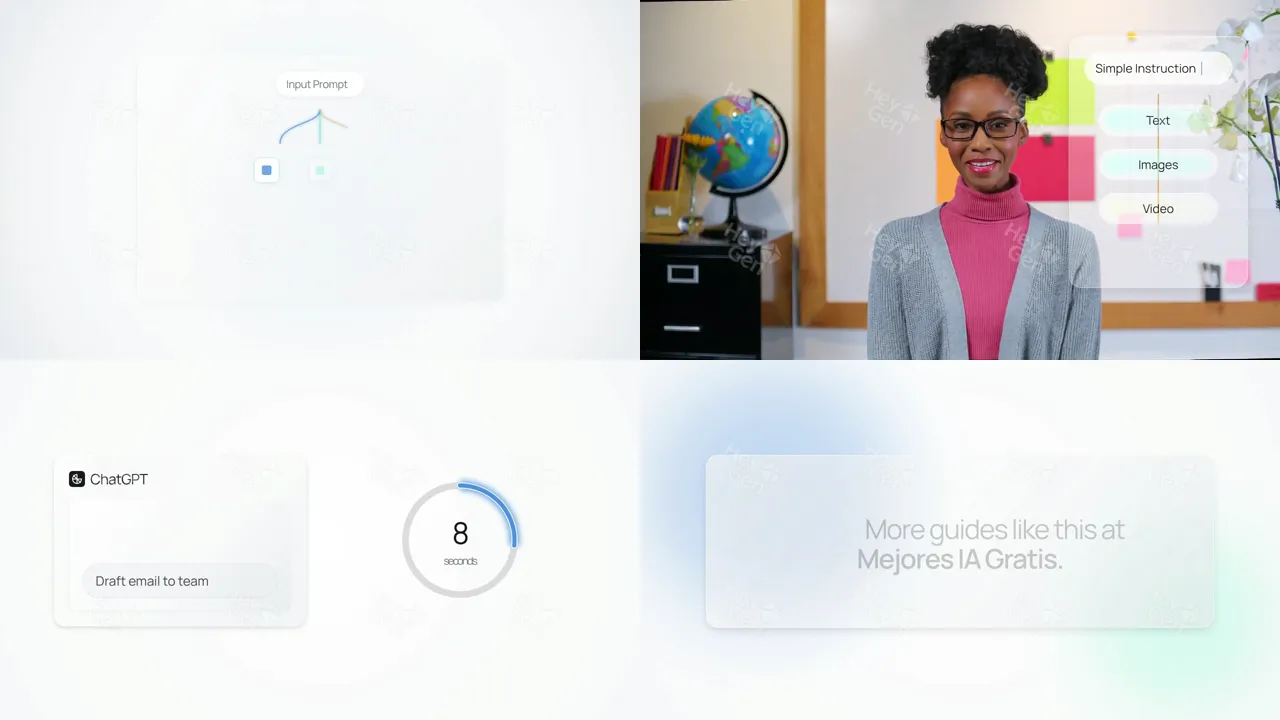 Fotogramas del vídeo explicativo generado con HeyGen, con la marca de agua del plan gratuito