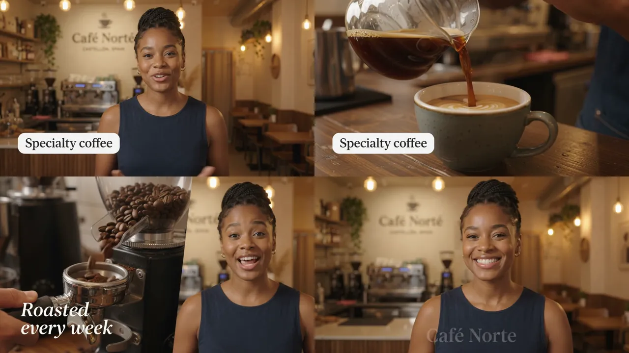 Fotogramas del anuncio de cafetería generado con HeyGen: avatar, planos de café y rótulos