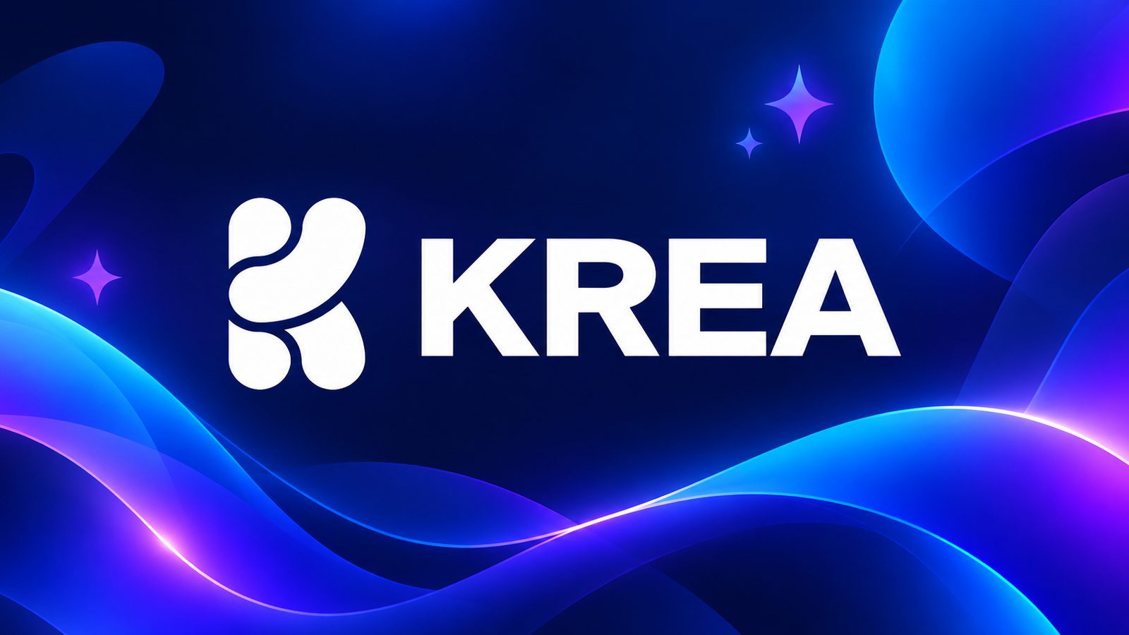 Logotipo de Krea AI en blanco sobre un fondo azul y violeta con ondas de luz.