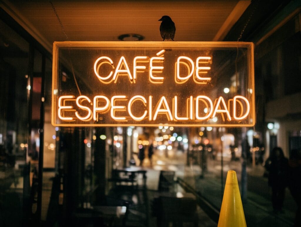 Cartel de neón ámbar con el texto «CAFÉ DE ESPECIALIDAD» en el escaparate de una cafetería de noche, con la calle desenfocada al fondo. Imagen generada con Krea 2 Large.