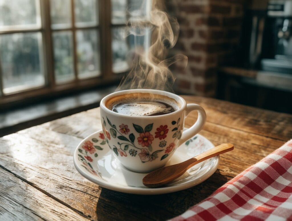 Taza de café humeante con flores pintadas sobre una mesa de madera rústica junto a una ventana, con luz cálida de mañana. Imagen generada con Krea 2 Large.